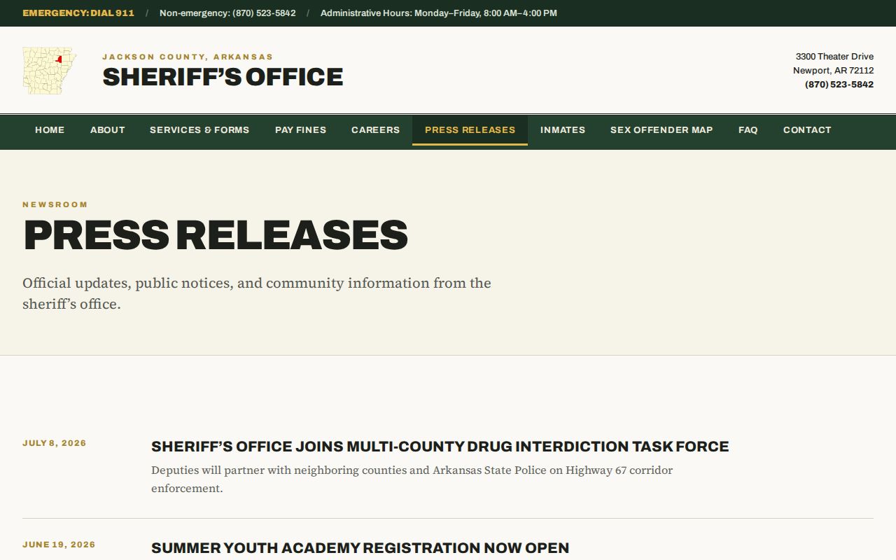 Jackson County Sheriff press-release page showing public publication status